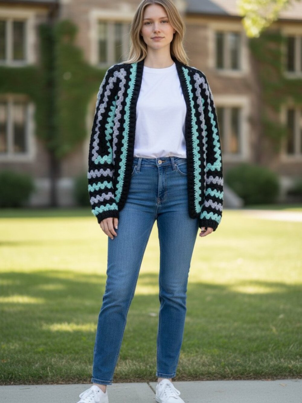 Womens Hand Knit Crochet Cardigan Sweater Size Small / Medium Black White Aqua